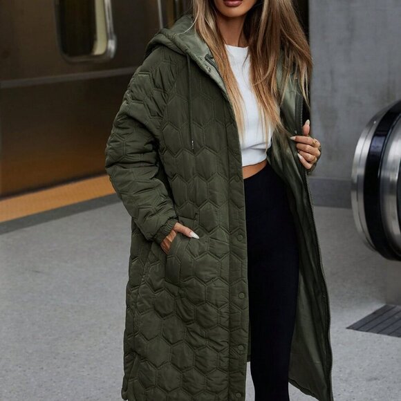 Army Green Casual Women's Hooded Long Padded Jacket Coat - Picture 3 of 6